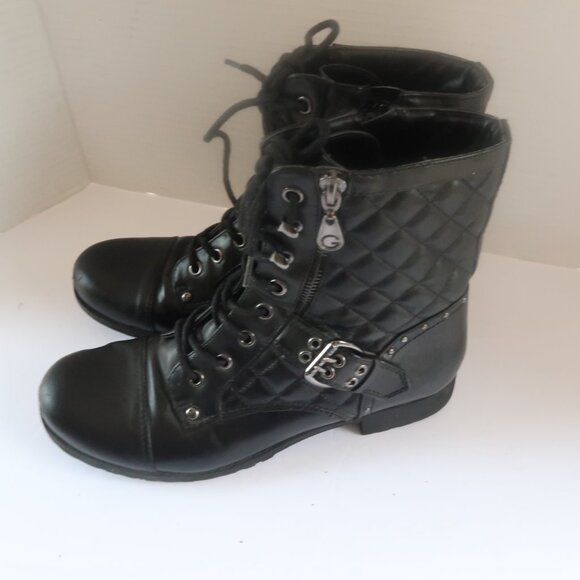 G by Guess Shoes - G by Guess Quilted Lace Up Biker Boots Sz 8.5 Black Buckle Grunge Combat Booties